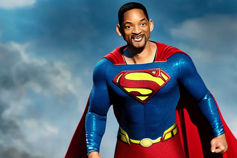 Image similar to promotional image of will smith as superman in the new superman movie, detailed face, movie still frame, promotional image, imax 70 mm footage