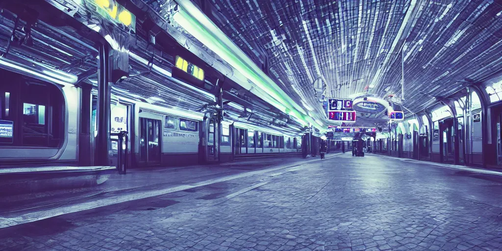 Image similar to train station in space, nostalgic atmosphere, photo, neon lights