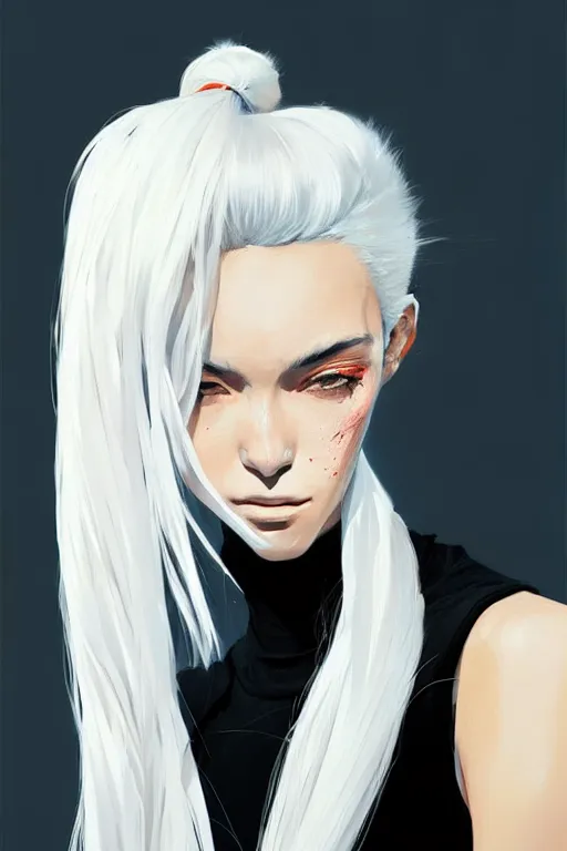 Image similar to a ultradetailed beautiful painting of a stylish woman in with white hair in a ponytail, she is wearing a black tank top, by conrad roset, greg rutkowski and makoto shinkai trending on artstation