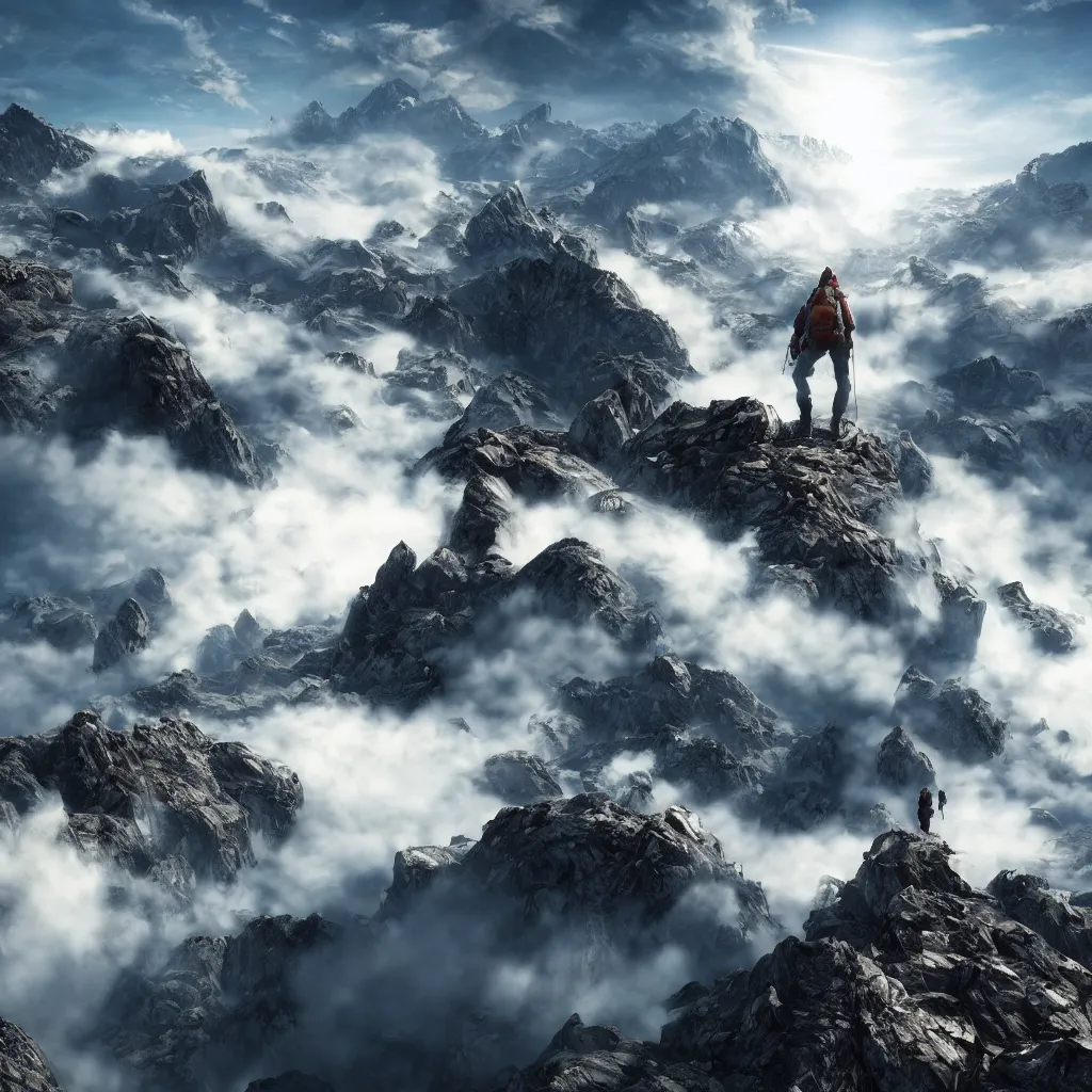 Prompt: a hyper detailed photo of walking across a summit of a beautiful mountain range, above the clouds, photorealistic, unreal engine 5, 8 k post production, cinematographic, ray tracing, v - ray, octane render, go pro, artstation trending, concept art