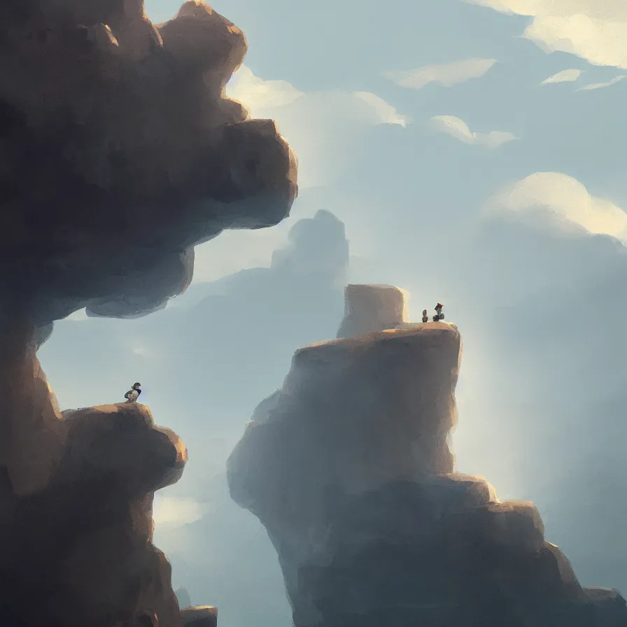 Image similar to Image from afar, man looking from the top of a large rock cliff, the sea hits the large stones hard, the clouds let through subtle rays of light, art by Goro Fujita, ilustration, concept art, sharp focus, ArtStation and deviantart