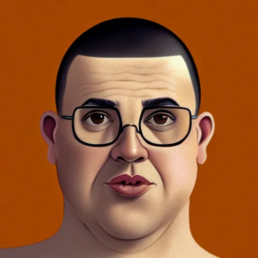 Prompt: 50 year old chubby brunette man with very short hair, buzz cut, round circle face, round jaw, wide chin , romanian, silver small glasses, romanian heritage, brown eyes, brown eyes, olive skin, round round round nose, round chin, clean shaven wide wide wide face, thin lips, digital art, concept art, cgsociety, painterly, painting, 8k, illustration, painting, dramatic, beautiful, art by loish loish loish, cartoon, stylized painterly, trending on artstation, medium shot, uncropped