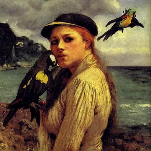 Prompt: female pirate with many parrots. Oil painting by Gustave Courbet, Jules Breton, Jean-François Millet, Émile Friant