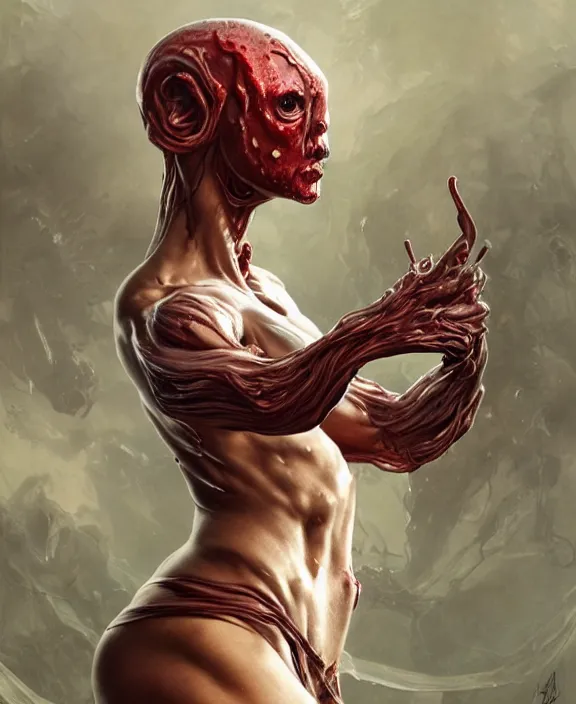 Image similar to portrait of a bloodied intricate geometric slime dripping genderless insect alien monster, muscles, rippling, space warping and twisting, ultra realistic, concept art, intricate details, eerie, highly detailed, photorealistic, octane render, 8 k, unreal engine. art by artgerm and greg rutkowski and alphonse mucha