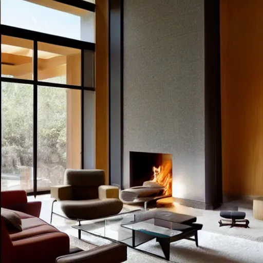 Prompt: a living room filled with furniture and a fire place, an abstract sculpture by maginel wright enright barney, featured on pinterest, modernism, minimal style