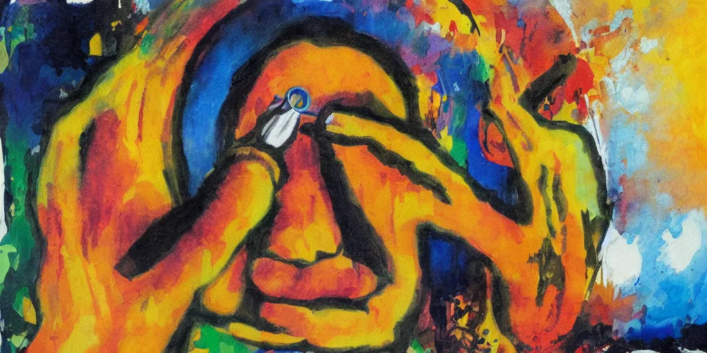 Prompt: abstract painting of a man removing a nail from his third eye