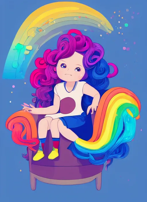 Image similar to a little girl with wavy curly rainbow hair sitting in an armchair. clean cel shaded vector art. shutterstock. behance hd by lois van baarle, artgerm, helen huang, by makoto shinkai and ilya kuvshinov, rossdraws, illustration, art by ilya kuvshinov