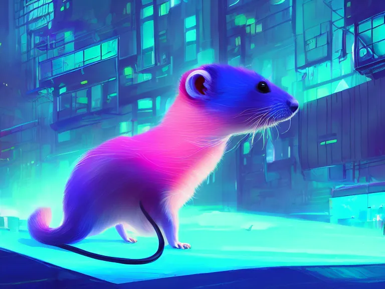 Prompt: a bioluminescent ferret, in a cyberpunk park, 8 k, digital painting, stylized, electric blue gradient, warm color scheme, dynamic lighting, octane, trending on artstation