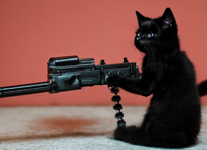 Prompt: a black kitten handling a machine gun