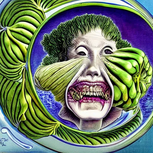 Image similar to a beautiful plate of vegetables, by junji ito, by laurie lipton, by bernie wrightson, masterpiece, stunning, hyper realistic, lots of colours, 8 k