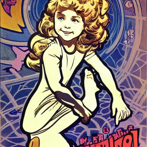 Image similar to a cute little girl with a mischievous face and short brown wavy curly hair. she is dressed as an astronaut. well composed, clean elegant painting, beautiful detailed face. comic book art by steve ditko and jack kirby and ( alphonse mucha )