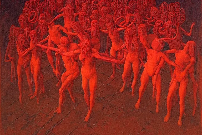 Image similar to only with red, red flowers of different types, a red tiger, a castle in the background, medieval demons dance over the flowers, an ancient path, in the style of beksinski, part by hopper, part by rodcenko, part by hofbauer, intricate composition, red by caravaggio, insanely quality, highly detailed, masterpiece, red light, artstation