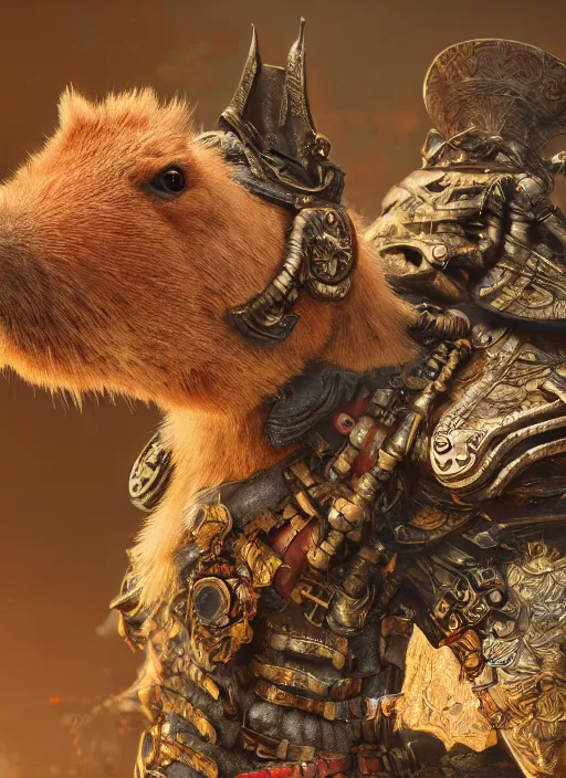 Image similar to detailed concept art illustration painting of an anthropomorphic capybara warrior in full intricate armor, Biomutant, ultra detailed, digital art, octane render, 4K