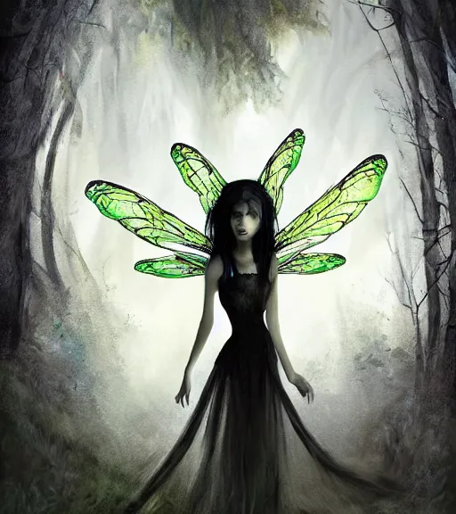 Prompt: gothic fairy with dragonfly wings, digital painting, liminal eerie midnight backlit, a picture taken by Michael Komarck and Karl Simon Gustafsson