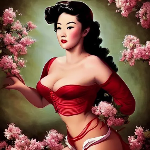 Image similar to pin - up fullbody portrait of a beautiful young asian woman, pretty long hair, intense flirting, showing curves, symmetrical face, digital art, smooth, extremely detailed, model pose, intense look, dream, cherry blossoms, gorgeous young model, traditional beauty, perfect proportions, pretty, by wu bayard, by gil elvgren, by ralph horsley,