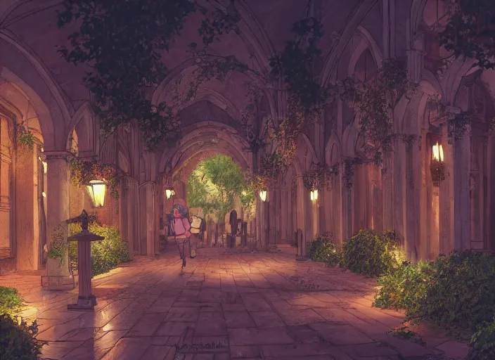 Image similar to environmental illustration of a cloister garden in a late renaissance city at night | | anime key visual, official media, illustrated by wlop, extremely detailed, 8 k, trending on pixiv, cinematic lighting, beautiful