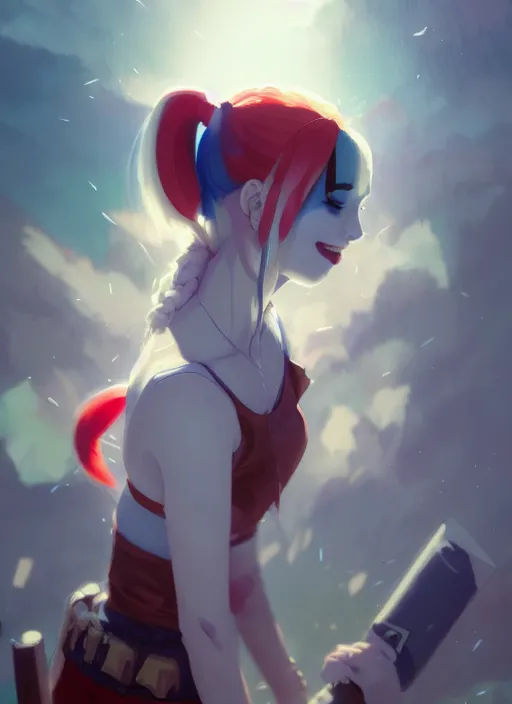 Image similar to portrait of harley quinn, cloudy sky background lush landscape illustration concept art anime key visual trending pixiv fanbox by wlop and greg rutkowski and makoto shinkai and studio ghibli