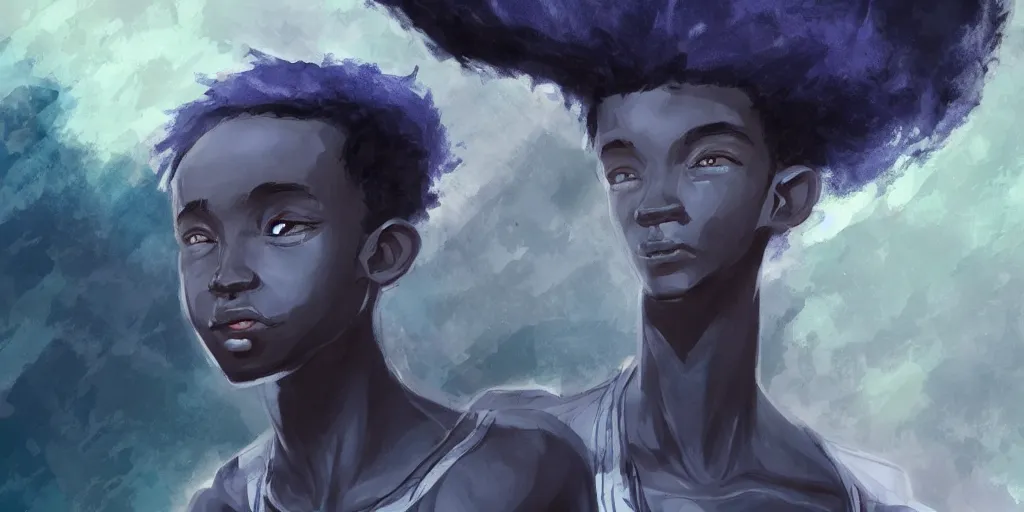 Image similar to concept art of black boy with indigo hair using dream ancestral magic, 8k, epic scene, illustration, artstation, art by riesun