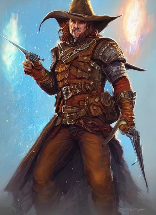 Image similar to gunslinger, dndbeyond, bright, colourful, realistic, dnd character portrait, full body, pathfinder, pinterest, art by ralph horsley, dnd, rpg, lotr game design fanart by concept art, behance hd, artstation, deviantart, hdr render in unreal engine 5