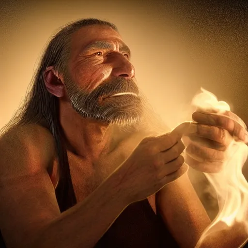 Image similar to realistic photo portrait of a prehistoric man smoking weed, volumetric lights, trending on artstation, studio photo, intricate details, highly detailed