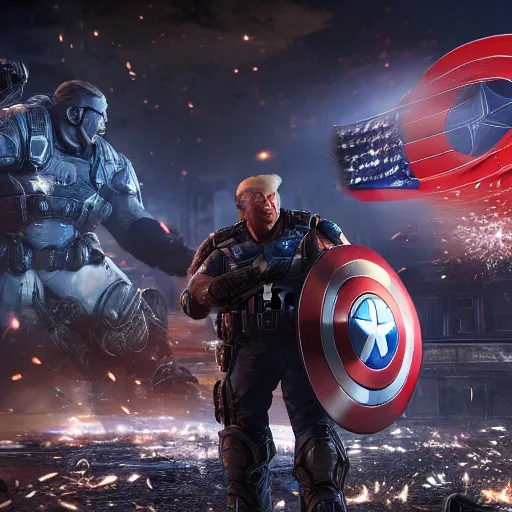 Image similar to Donald Trump as ((captain america)) in Gears of War, patriotic, splash art, movie still, cinematic lighting, dramatic, octane render, long lens, shallow depth of field, bokeh, anamorphic lens flare, 8k, hyper detailed, 35mm film grain