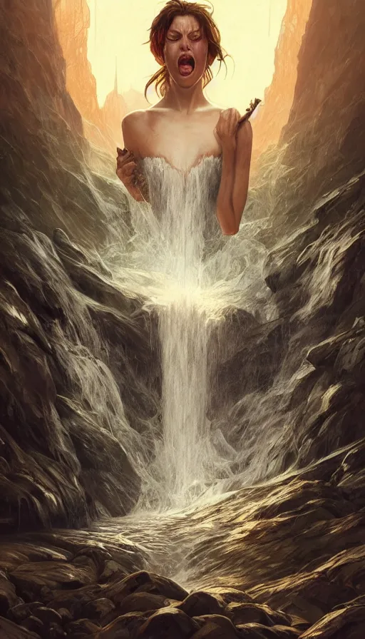 Image similar to scream, waterfalls from the eyes, fame of thrones, lord of daggers, neon, fibonacci, sweat drops, insane, intricate, highly detailed, digital painting, artstation, concept art, smooth, sharp focus, illustration, Unreal Engine 5, 8K, art by artgerm and greg rutkowski and alphonse mucha