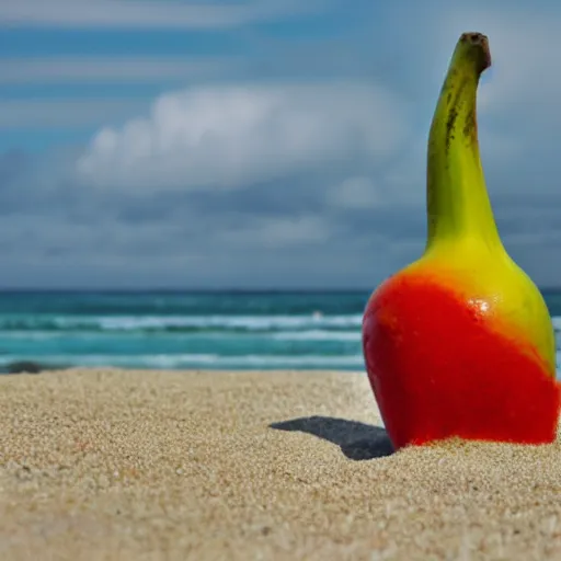 Image similar to red orange kissing green banana on a beach in new mixico