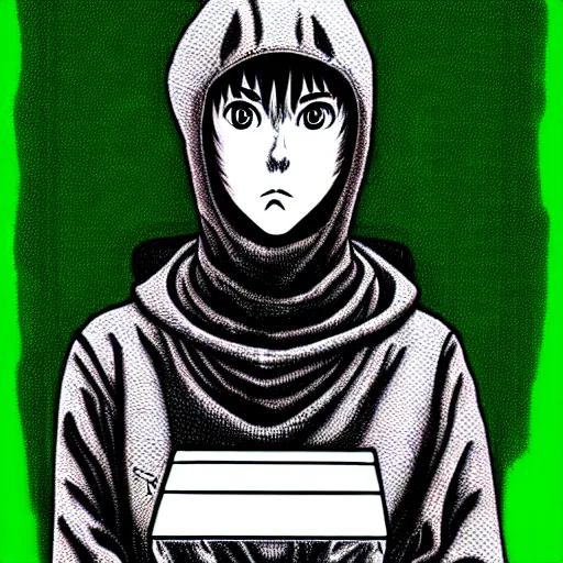 Image similar to portrait of programmer with green hood by junji ito