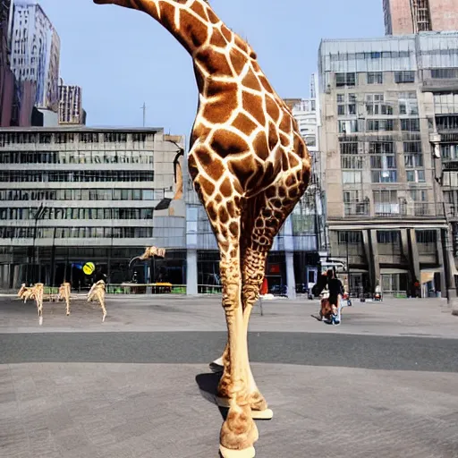 Image similar to a giraffe in ballet suit standing in the center of city