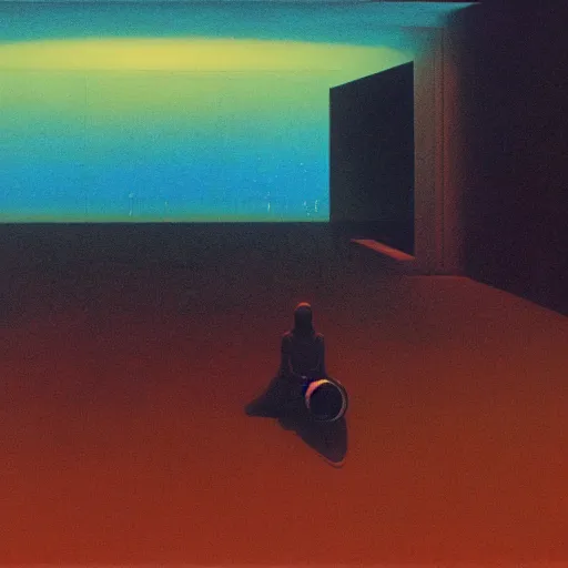 Prompt: painting of a syd mead scifi ancient civilzation empty room, rainbow sun, beksinski