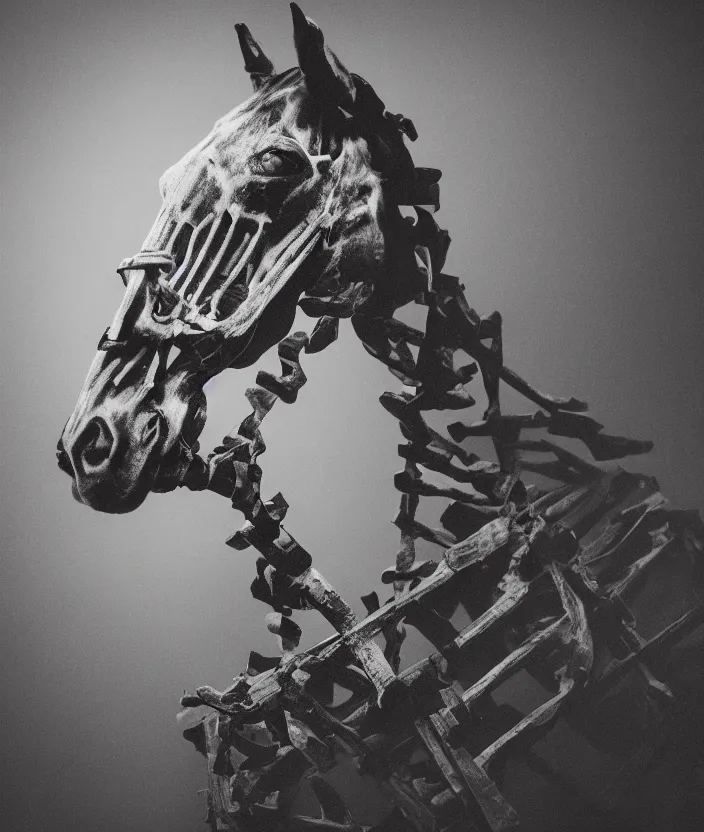 Image similar to skeleton of a horse in a dark veil, dark and mysterious, stopped in time, atmospheric, ominous, eerie, cinematic, epic, 8 k, 4 k, ultra detail, ultra realistic