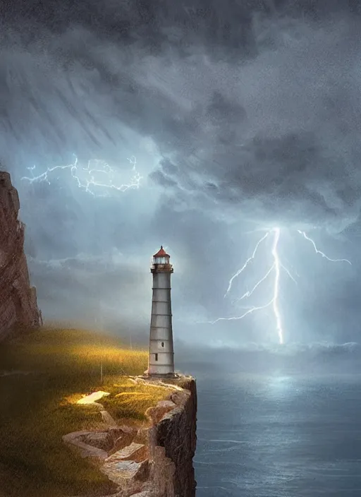 Prompt: light house on a cliff in a thunderstorm at night, dramatic lighting, cinematic, establishing shot, extremly high detail, photo realistic, cinematic lighting, post processed, concept art, artstation, matte painting, style by eddie mendoza, raphael lacoste, alex ross