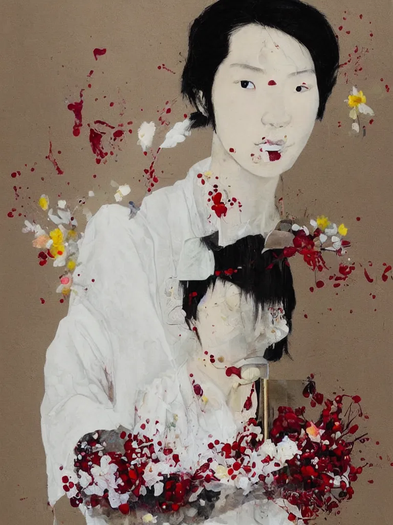 Image similar to “art in an Australian artist’s apartment, portrait of a Japanese woman wearing loose-fitting white cotton cloth, stained with fresh berries and maple syrup, white wax, edible flowers, acrylic and spray paint and oilstick on canvas”