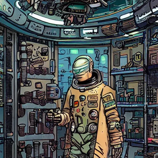 Prompt: a space merchant in their shop, cyberpunk, sci-fi, in the style of Ashley Wood and Moebius