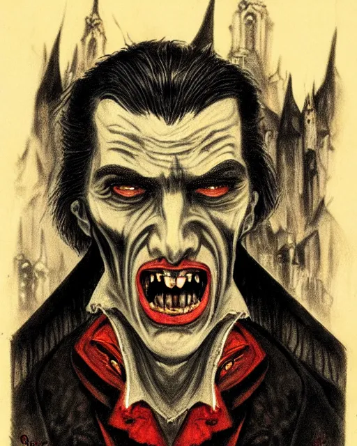 Image similar to dracula, character portrait, close up, concept art, intricate details, highly detailed in the style of otto dix apocalypse