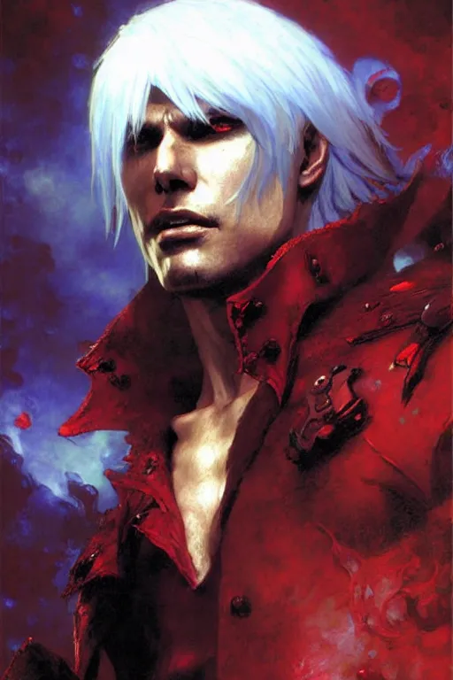 Prompt: ! dream dante from devil may cry portrait by nd, painting by gaston bussiere, craig mullins, greg rutkowski, yoji shinkawa