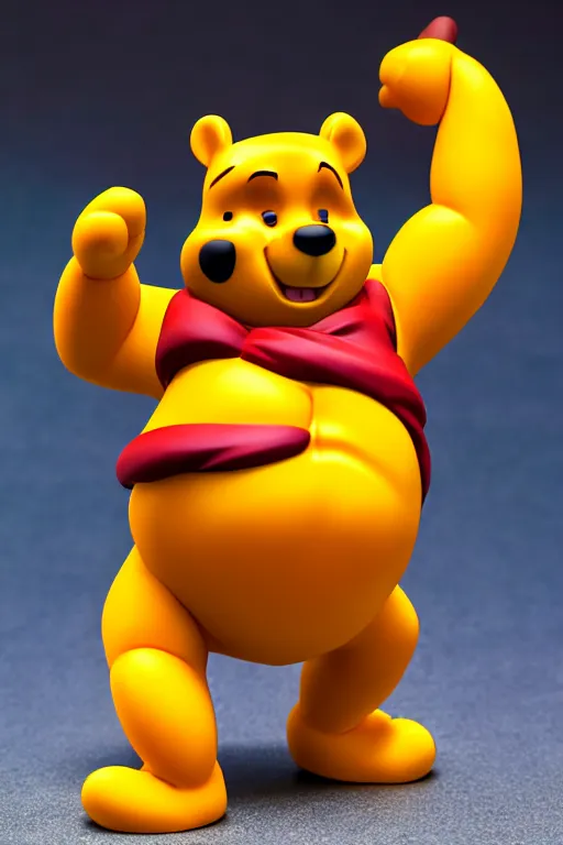 Image similar to still high quality figurine of buff winnie the pooh, tsurime eyes, tareme eyes, personification, dynamic pose, detailed product photo, featured on amiami, tone mapped, beautiful composition, 8 5 mm, f. 1 4