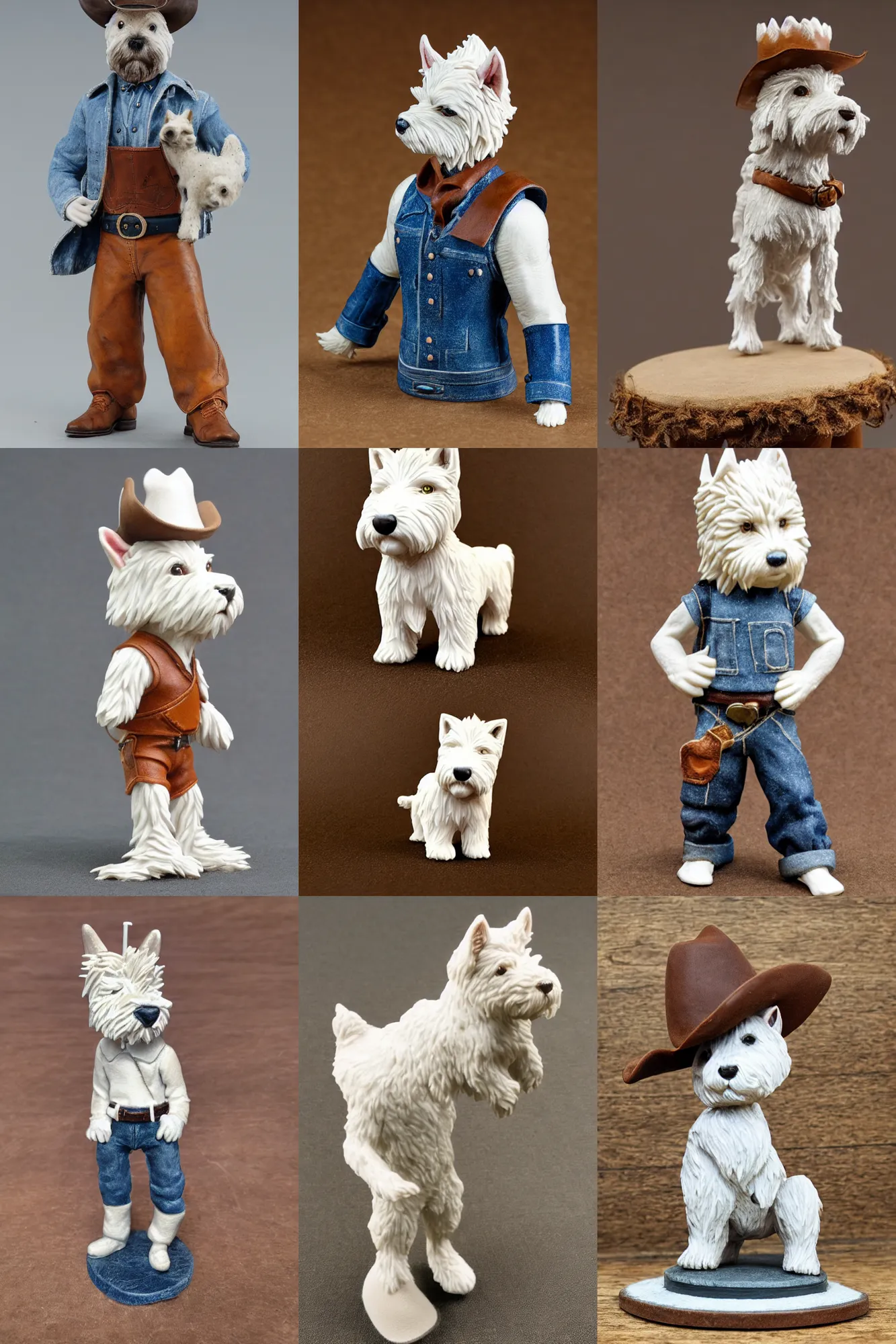 Prompt: product photo of a 120mm mini resin model of an anthropomorphic west highland white terrier-cowboy wearing, Short brown leather jacket, denim short pants, cow boy hat; ultra detailed, super realistic, 4K, Full body