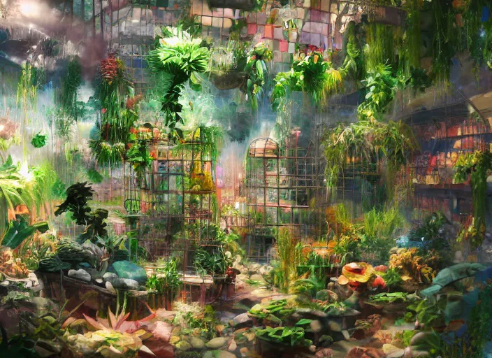 Image similar to messy cozy store with cluttered hanging cages and bright aquariums, dense verdant foliage, dim painterly lighting volumetric aquatics, impasto, trending on pixiv