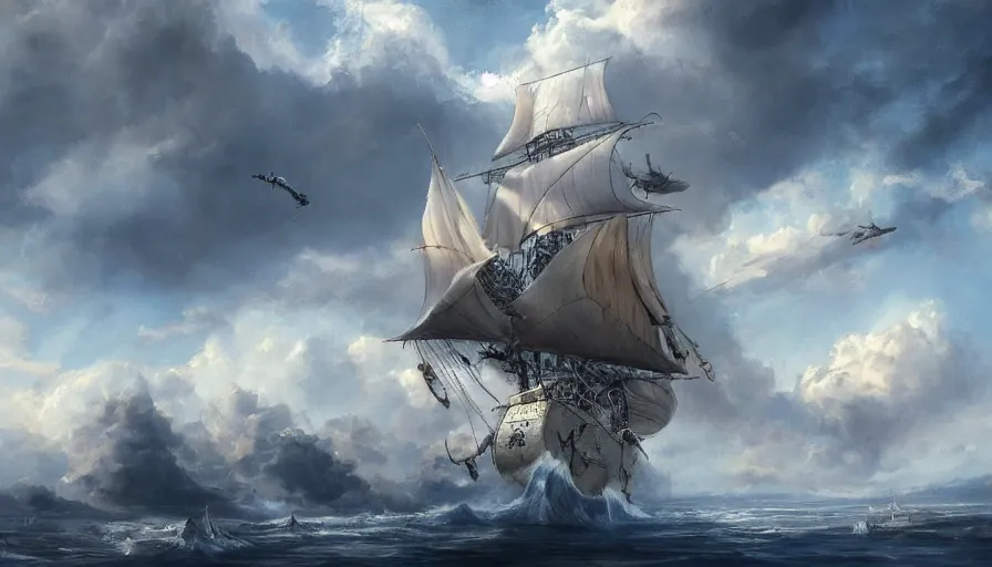 Image similar to a large pirate airship flying among the clouds, soaring through the sky, realist painting, pirate, beautiful, highly detailed, trending on art station