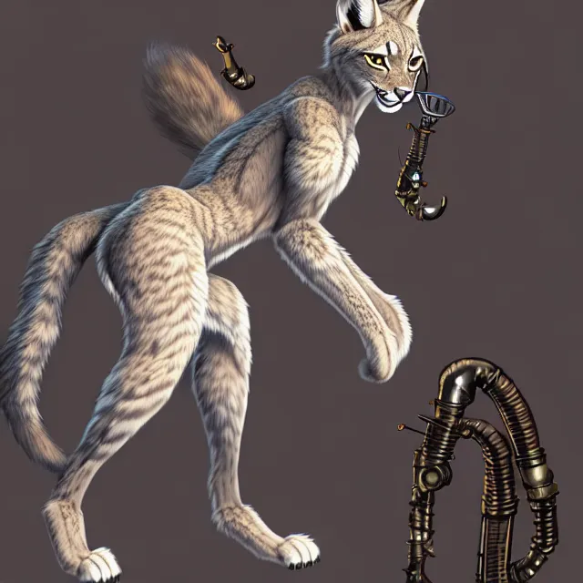 Prompt: the full body of anthropomorphic lynx fursona from behind wearing a steampunk suit as unimaginably beautiful, gorgeous, elegant, young woman with lynx head and paw pads, an ultrafine hyperdetailed illustration by furaffinity, intricate linework, white fur, unreal engine 5 highly rendered, global illumination, radiant light, detailed and intricate environment