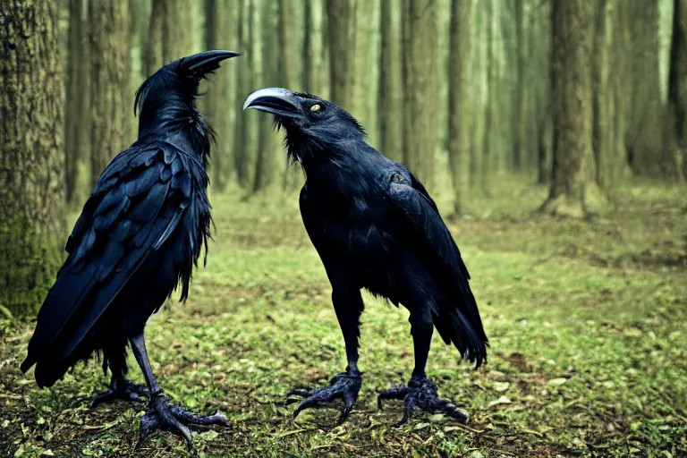 Image similar to werecreature consisting of a crow and a human, photograph captured in a dark forest