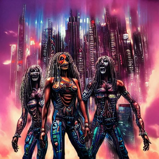 Prompt: iron maiden album cover cyberpunk