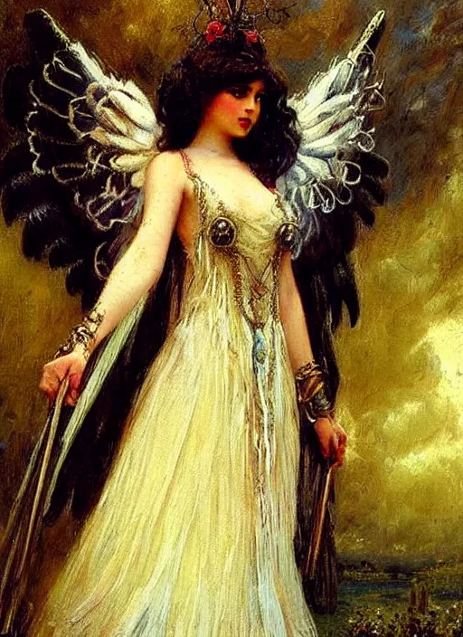 Image similar to vertical prtrait of an angel knight gothic girl, baroque dress. by gaston bussiere