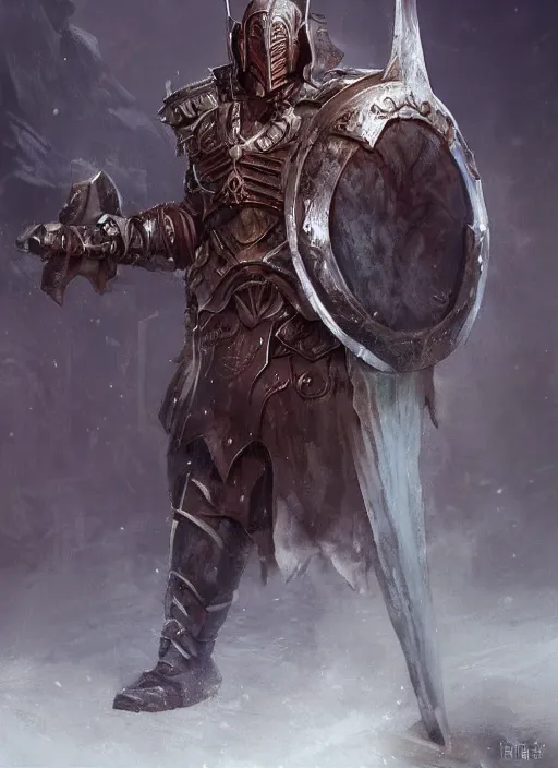 Image similar to gruff human cleric in plate male armor painted by raymond swanland