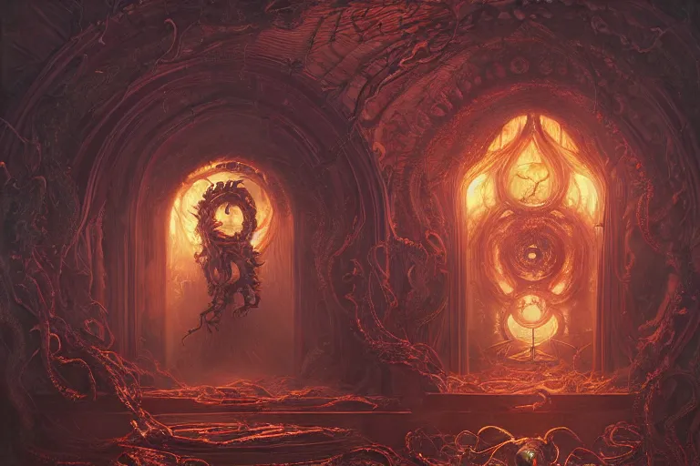 Image similar to a lovecraftian painting of a demonic shrine, occult, demon summoning, hell gate, cosmic horror elements, ultra realistic, concept art, intricate details, eerie, highly detailed, photorealistic, octane render, 8 k, unreal engine. art by artgerm and greg rutkowski and alphonse mucha