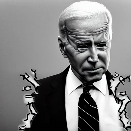 Prompt: joe biden menacing. hologram by lichtenstein, reddit, excessivism, colorized, iso 2 0 0 film grain