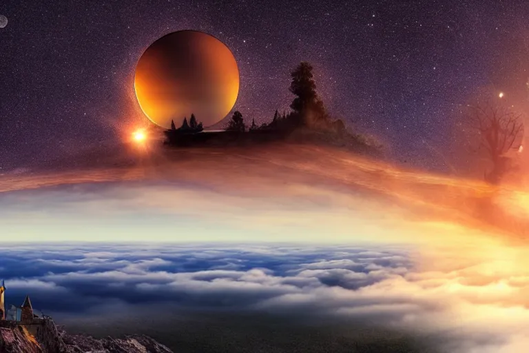 Image similar to a castle above the clouds by toumas korpi, sunset, celestial vortex, mini planets, giant tree - shaped spaceship