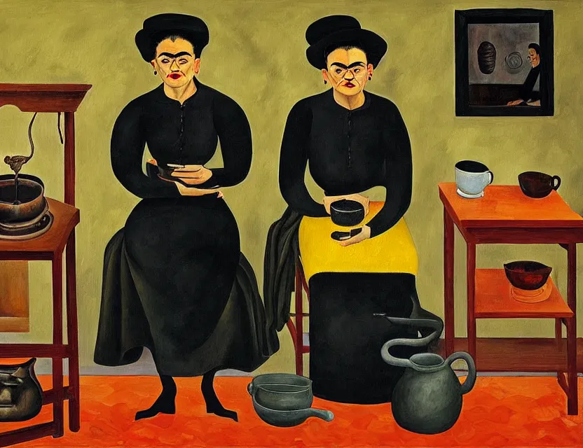 Prompt: a painting of a old and strange dusty professor in black suite and hat and a old woman making a study of drinking 1 0 cups of black coffee in 5 seconds in a kitchen that is melting, styled and painted by frida kahlo