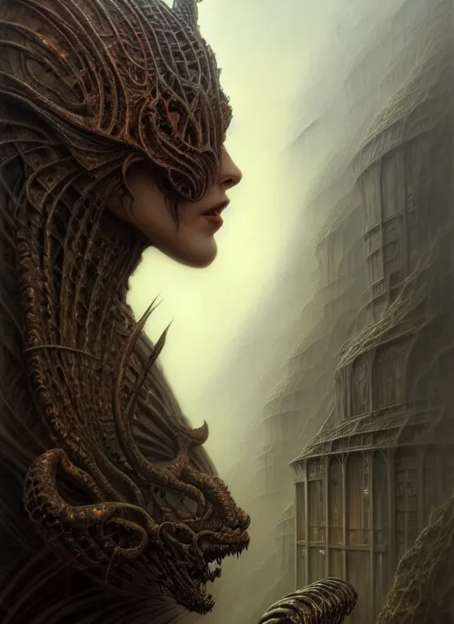 Prompt: portrait side profile shot of a demon, a scenic dystopian environment, intricate, elegant, highly detailed, centered, digital painting, artstation, concept art, smooth, sharp focus, illustration, artgerm, tomasz alen kopera, peter mohrbacher, donato giancola, joseph christian leyendecker, wlop, boris vallejo